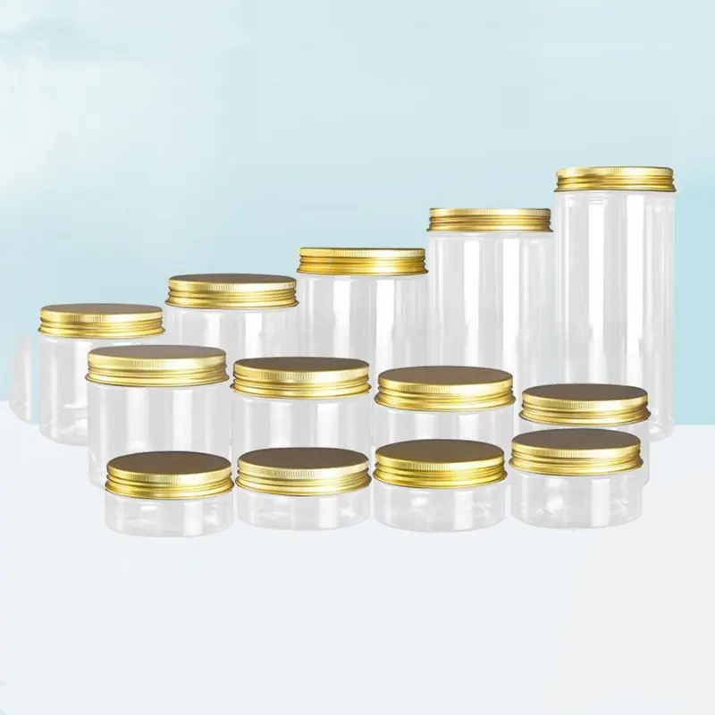 Empty food grade pet plastic jar with aluminum lid 100g 200g 300g 400g 500g 700g 1000g clear plastic honey cookie jars