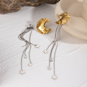 Elegant Star <b>Moon</b> Tassel Drop <b>Earrings</b> Stainless Steel Geometric Design Women's Party Jewelry - Product Image 2
