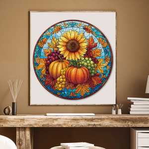 Puzzle rond style vitrail Récolte d'automne avec tournesols, citrouilles, raisins et feuilles pour enfants et adultes, jouet de puzzle 3D - Product Image 5