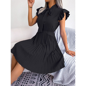 RNSHANGER nuevas mujeres Primavera Verano elegante encaje hasta cintura alta vestido de pliegue grande <span class=keywords><strong>para</strong></span> damas cuello de lazo <span class=keywords><strong>vestidos</strong></span> plisados de Color sólido - Product Image 5