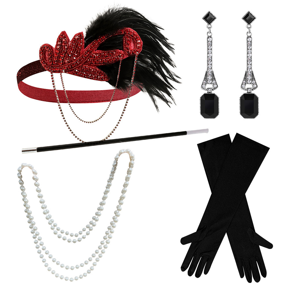 Red headdress, necklace, cigarette holder, black gloves,earrings