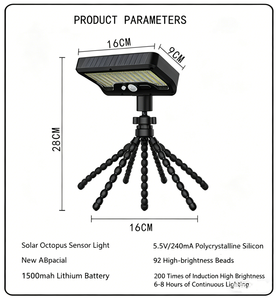 โคมไฟโซลาร์รูปปลาหมึกยอดนิยม ไฟหนีบสวน ไฟถนน ไฟติดผนังบ้าน รุ่นใหม่ พร้อมเซ็นเซอร์ตรวจจับความเคลื่อนไหว กันน้ำ - Product Image 1