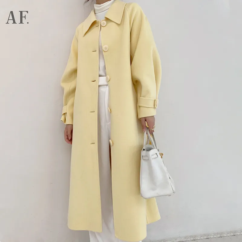 Anfeiouna Women Fashion Winter Lapel Yellow Single-Breasted Trench Coat Office College Can Wear Sweet Korean Long Coat