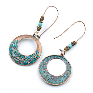 Boucles d'oreilles pendantes vintage en alliage, plaqué bronze antique, incrustation turquoise, bijoux de mode pour femme, design circulaire, boucles d'oreilles statement - Product Image 5