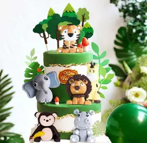 Various Jungle Animals And Palm Leaves Cake Topper Display Baby Shower Birthday Cake Decoration