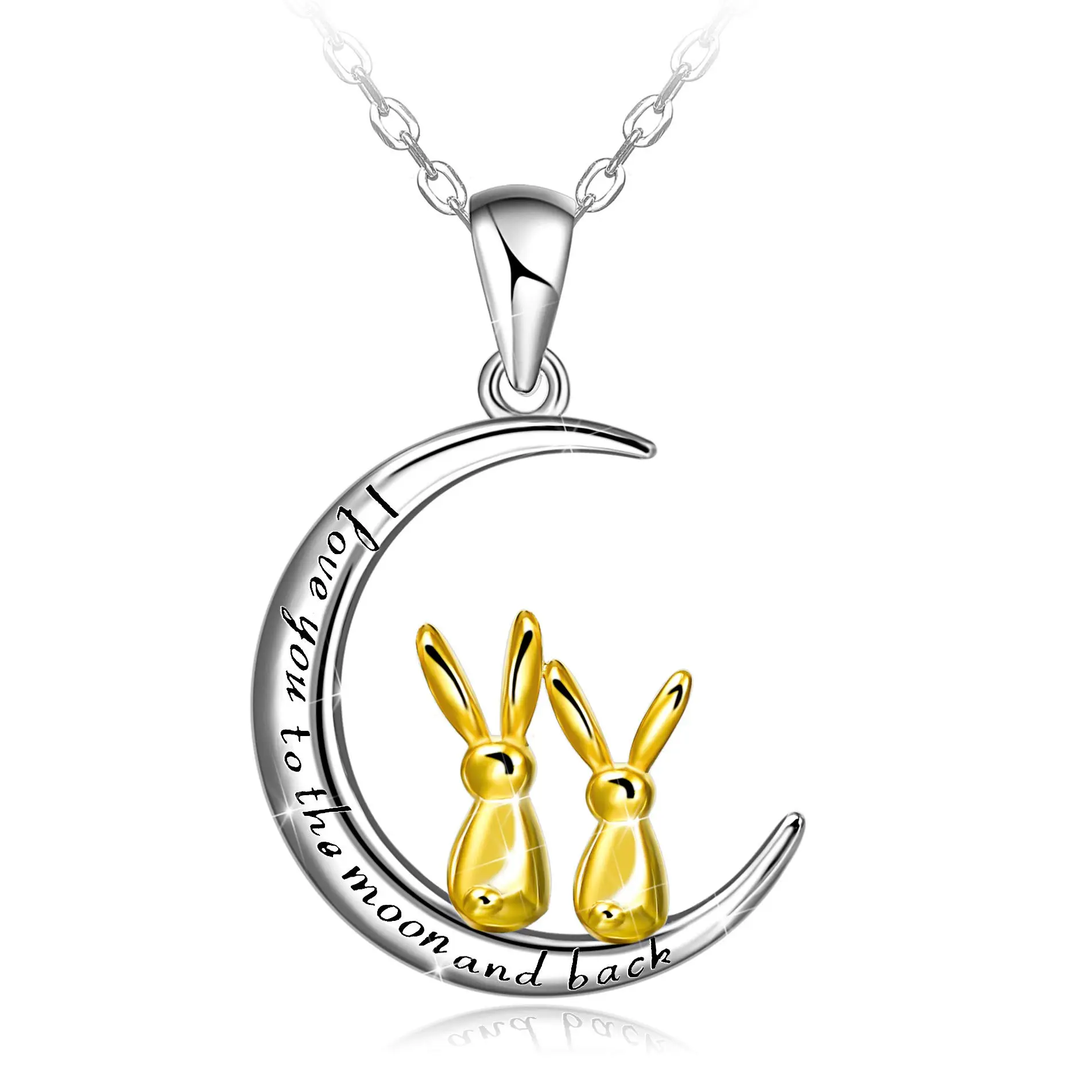 Sterling Silver Jewelry Wholesale Silver Moon Gold Cute Rabbit Lettering Love Pendant Necklace Girl