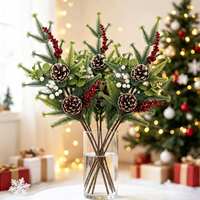 Décoration de Noël : Branche artificielle de 50 cm avec cônes de pin et baies rouges et blanches pour arbre, couronne, guirlande - Vente en gros