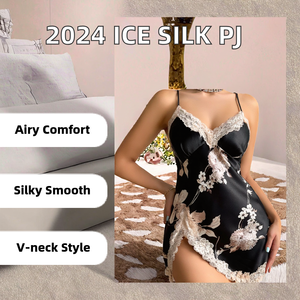 Nuevo Vestido de Verano Sexy Estampado de Una Pieza 2024, Conjunto de Pijama de Seda de Hielo con Tirantes Finos y Transpirables para Mujer, para Otoño y Primavera - Product Image 2