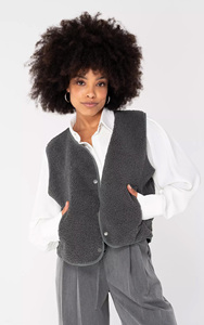 <span class=keywords><strong>Gilet</strong></span> en polaire Teddy gris foncé pour <span class=keywords><strong>femme</strong></span>, OEM personnalisé |   <span class=keywords><strong>Gilet</strong></span> à boutons avec poches latérales pour un look superposé confortable en hiver - Product Image 6