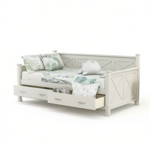 Moderno y Rústico Blanco Crema Tamaño Twin Cama de Madera Estilo Casual Cama - Product Image 1