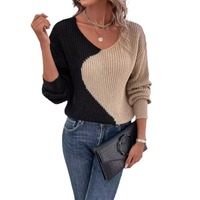 Pull en tricot pour femme, style décontracté et ample, à blocs de couleurs, manches longues, col en V, style unique (personnalisable)