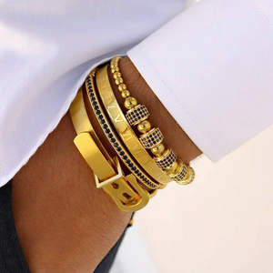 Ensemble de 4 Bracelets de luxe pour hommes, breloques en <span class=keywords><strong>macramé</strong></span>, en acier inoxydable, numérique romain, <span class=keywords><strong>manchette</strong></span>, boucle - Product Image 1