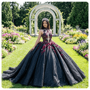 Vestido de Fiesta de Quinceañera Dy1250 Negro de Gasa con Escote Corazón, Apliques Florales de Encaje y Cintura Natural - Product Image 1