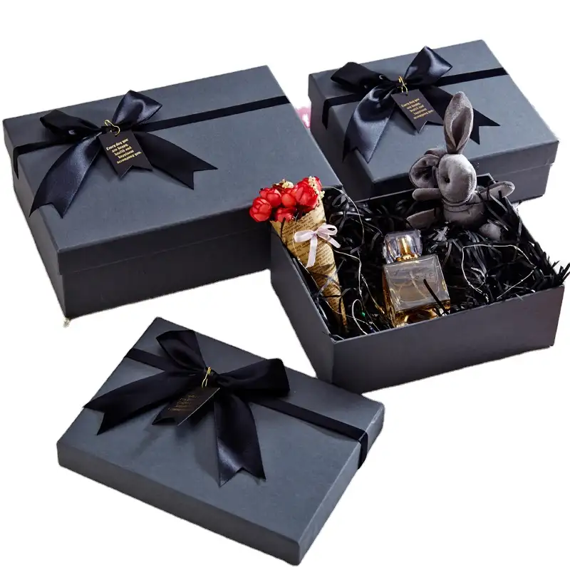 Caja de cartón negra de lujo personalizada, embalaje de regalo de boda con cinta