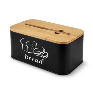 Caja de Pan Negra con Tapa de Bambú, Tabla de Cortar y Cuchillo Dentado, Contenedor de Pan Metálico para la Encimera de la Cocina, Pequeño Contenedor para Guardar Pan - Product Image 5