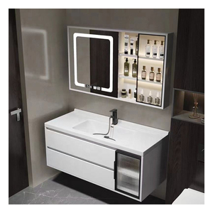 Meuble de salle de bain intelligent noir avec vitrine en verre, lavabo blanc sur comptoir, corps de meuble suspendu - Product Image 5