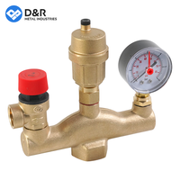 D&R Auto Vanne de purge d'air 3/8 po, Vanne de sécurité de décharge de pression 1/2 po, Kits de sécurité pour chaudière en laiton DN25 avec manomètre pour système de plomberie