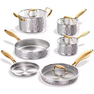 Juego de utensilios de cocina antiadherentes de acero inoxidable 304 de 3 capas, 10 piezas, sin revestimiento, para el hogar, olla para sopa, olla para leche, sartén - Product Image 1