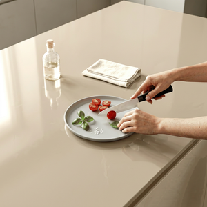 Comptoir de cuisine en pierre artificielle couleur crème, surface pleine masse, bord arrondi, finition brillante, pour hôtel - Product Image 2