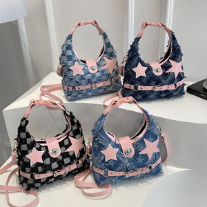 Nouveau sac à bandoulière Denim pour femmes pour femmes à la mode étoile à cinq branches Punk Hottie Style sac croissant polyvalent - Product Image 1
