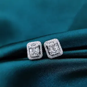 Grosir Fashional 18K Emas Padat Asli Baguette Alami Cluster Berlian Bentuk Persegi Charm Earring Stud