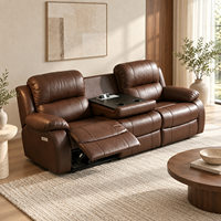 Canapé inclinable moderne en cuir marron 3 places avec structure en bois, inclinaison électrique, massage, table rabattable, télécommande