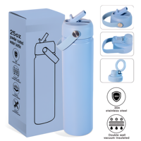Nouvelle conception, bouteille d'eau sport isotherme à double paroi en acier inoxydable 304 de 750 ml avec couvercle à paille et poignée, idéale pour la randonnée et la salle de sport