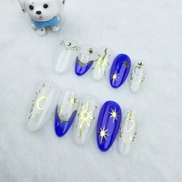 Seni kuku buatan tangan, desain Bintang berbentuk almond berwarna biru, berkualitas tinggi, dan dapat digunakan kembali.