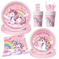 Ensemble de vaisselle de fête Licorne Rose, décorations d'anniversaire, assiettes en papier, gobelets, serviettes, nappe, ballons, bannière, couverts, pailles