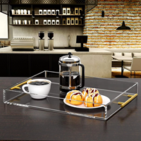 Plateau de service en acrylique transparent 12x12 pouces avec poignées dorées, pliable, décoratif, pour café, salle de bain, utilisation anti-déversement, étagères de comptoir en acrylique