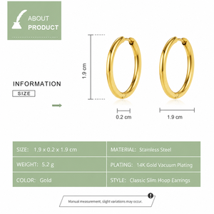 Classic Slim <b>Hoop</b> <b>Earrings</b> Stainless Steel 14K Gold Vacuum Plated Polished Round <b>Hinged</b> <b>Hoops</b> - Product Image 3