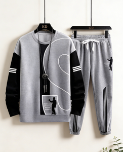 カスタムプリントグラフィックティーンラウンドネック長袖スポーツウェアトップスとスウェットパンツメンズアウトドアカジュアル2ピースセット - Product Image 1