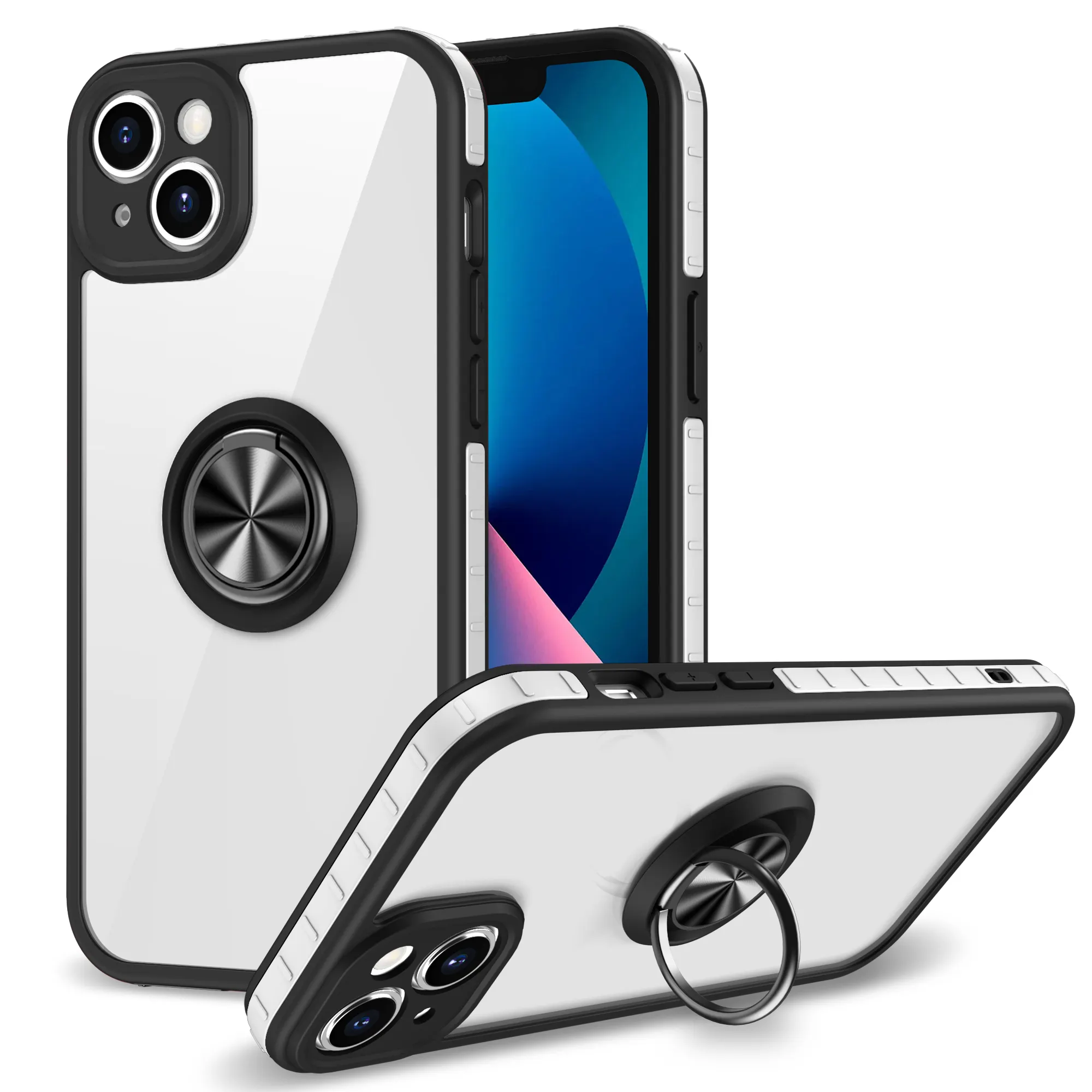 MAXUN Hard Shockproof Clear Phone Case with Ring Stand for Apple iPhone 11 12 13 14 Plus Pro Max Transparent Case 2 in 1