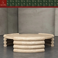 Table basse ronde en travertin beige moderne GOLDKING avec base en pierre empilée pour villa, appartement, salon, projet