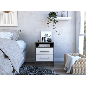 DB Leyva Mesita de noche moderna de mediados de siglo by Depot de madera maciza con dos cajones superior para apartamento disponible Smokey Oak/Whi - Product Image 1