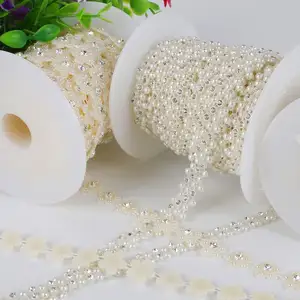 Fildişi çiçek ABS İmitasyon İnci boncuk zincir Trim kristal Rhinestone Garland inci dantel DIY Craft için düğün parti dekorasyon