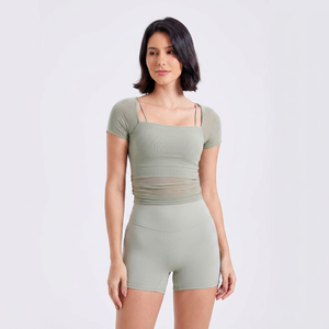 Women 2 In 1 Ruched Mesh Yoga Crop Top Square Neck Built In Bra Short Sleeve Sheer Workout Tee Gym Pilates Athletic T Shirt - Product Image 2