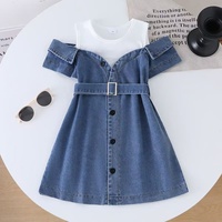 Ensemble de vêtements pour enfants en deux pièces, robe courte à manches courtes en denim patchwork de style européen/américain + ceinture