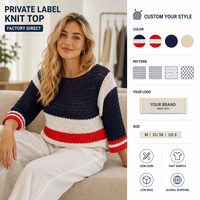 Cardigan en tricot ajouré color block pour femme, rayures bleu marine, rouge et blanc, manches 3/4, cache-maillot de plage, vente en gros OEM