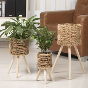 Soporte de flores de ratán hecho a mano con patas de madera, estante para macetas de interior, decoración para sala de estar, estilo escandinavo, diseño moderno - Product Image 2