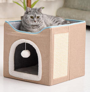 Lit pour chat pliable en forme de cube câlin, lit pour chat douillet avec boule moelleuse et griffoir - Product Image 2
