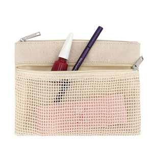 Borsa da viaggio in tela naturale Beauty Case per il trucco borsa da toilette con cerniera a doppia cerniera in cotone tasca in rete per cosmetici borsa regalo - Product Image 1