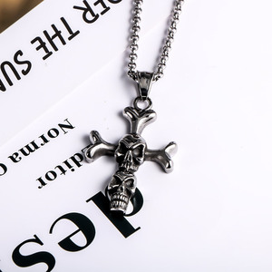 Double Skull <b>Cross</b> Pendant Stainless Steel Men's Necklace SP431 Punk Themed Jewelry Gift - Product Image 1
