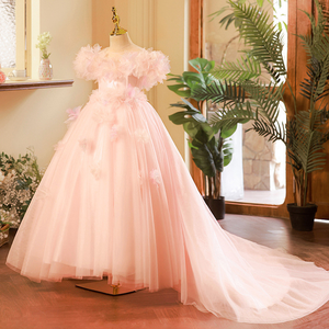 <span class=keywords><strong>Vestido</strong></span> de niña de las flores rosa con hombros descubiertos, de tul, estilo princesa con cola, para <span class=keywords><strong>Primera</strong></span> Comunión - Product Image 1