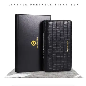 Luxury Hold 4 Cigars Portable Cedar Lined Cigar Leather Case With Gift Box Can Customized Logo Black Color