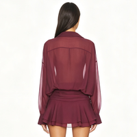 Robe courte moulante bordeaux à manches longues, col à volants, manches transparentes, élégante pour les soirées et les clubs, pour femmes