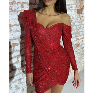 Red Fashion <strong>Christmas</strong> <strong>Women</strong> Sequin One Shoulder Ruched <strong>Dress</strong> Party <strong>Dresses</strong> - Product Image 3