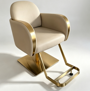 Sillón de Barbería DM de Lujo, en Cuero Sintético Beige, con Marco Dorado, Giratorio 360°, Ergonómico, de Acero, para Salón, Gimnasio o Sala de Estar - Product Image 1