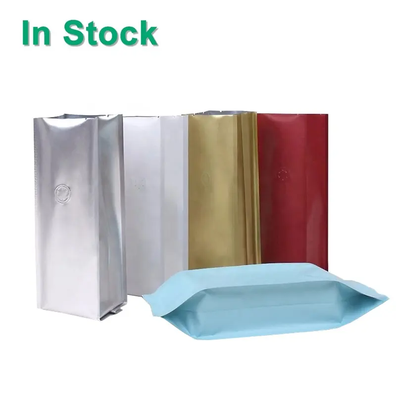 Heat Sealable Aluminum Foil Plastic Quad Seal Side Gusseted Coffee Packaging Bags With One Way Degassing Valve