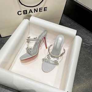 Women's One-Strap <b>Silver</b> Rhinestone Sandals, Thin Heel Crystal Transparent <b>Slippers</b>, Elegant High Heels New Arrival - Product Image 3